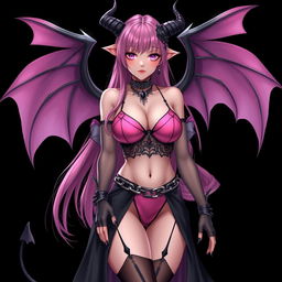A realistic and sexy dominant gothic anime succubus girl featuring mesmerizing wings, thin horns, and a whimsical tail