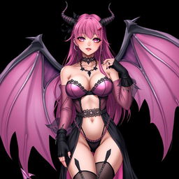 A realistic and sexy dominant gothic anime succubus girl featuring mesmerizing wings, thin horns, and a whimsical tail