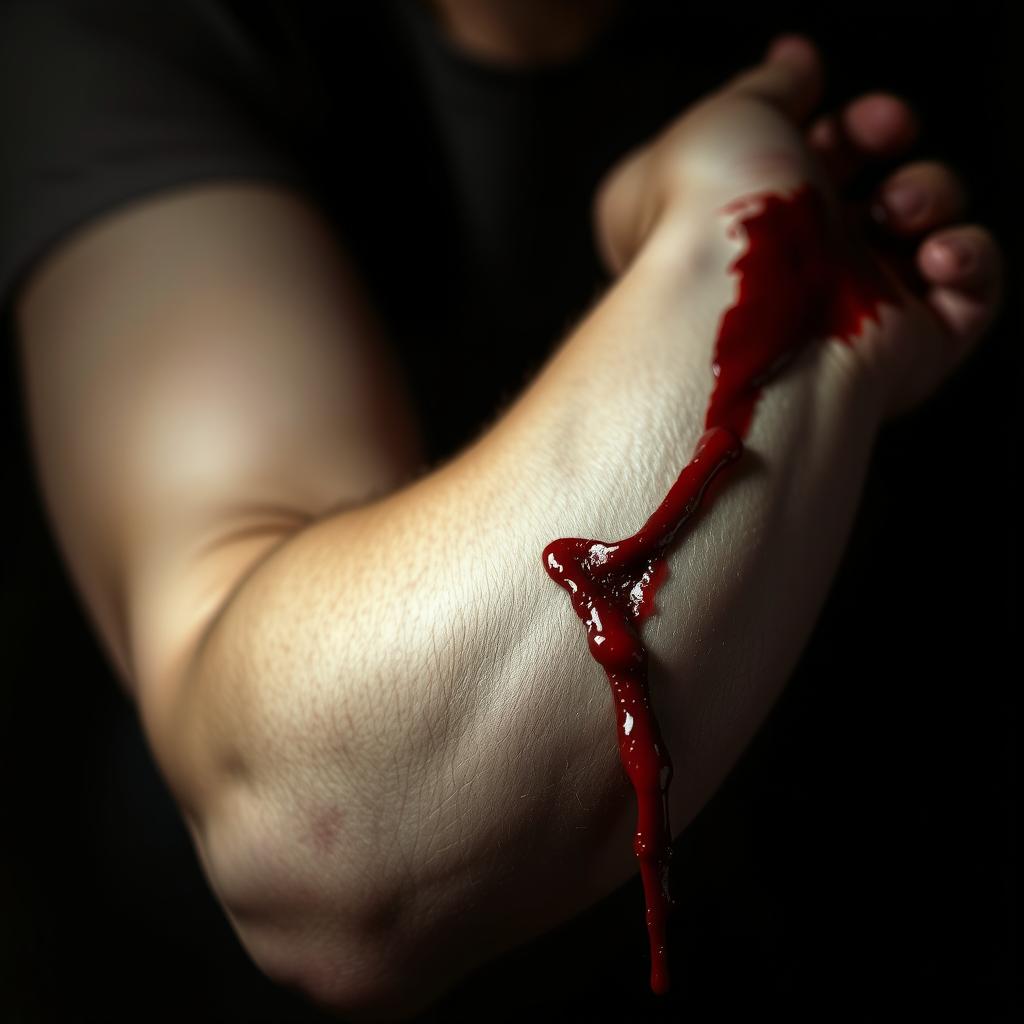 A gruesome yet artistic depiction of a deep cut on a person's arm, with bright red blood flowing from the wound
