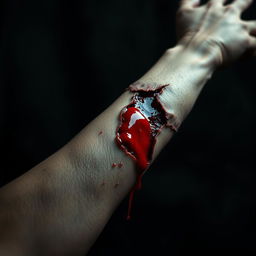 A gruesome yet artistic depiction of a deep cut on a person's arm, with bright red blood flowing from the wound