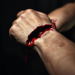 A gruesome yet artistic depiction of a deep cut on a person's arm, with bright red blood flowing from the wound