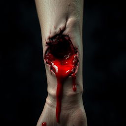 A gruesome yet artistic depiction of a deep cut on a person's arm, with bright red blood flowing from the wound