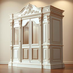 A classic white and wooden cabinet, designed in a realistic style with intricate details, showcasing elegant carvings and a rich texture