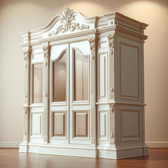A classic white and wooden cabinet, designed in a realistic style with intricate details, showcasing elegant carvings and a rich texture