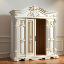 A classic white and wooden cabinet, designed in a realistic style with intricate details, showcasing elegant carvings and a rich texture