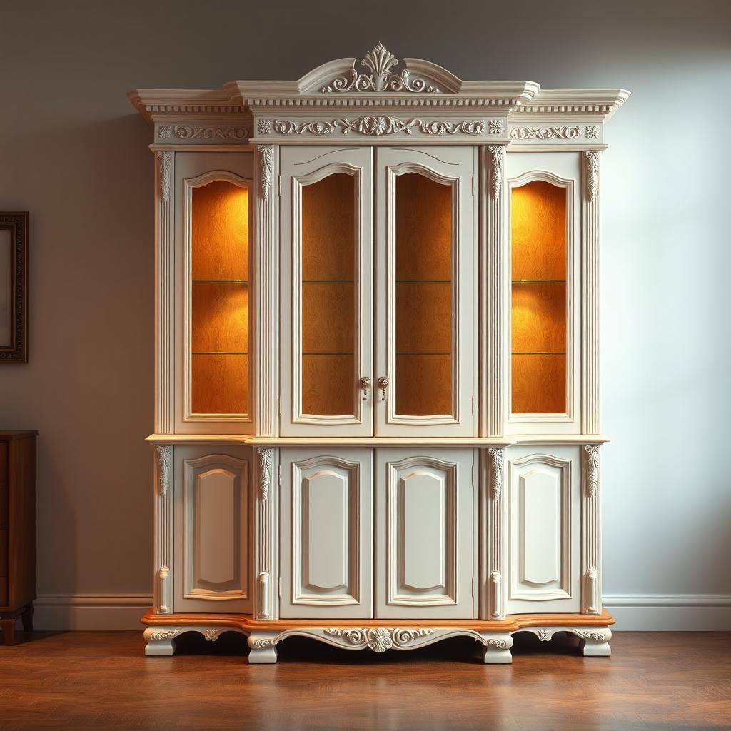 A classic white and wooden cabinet, designed in a realistic style with intricate details, showcasing elegant carvings and a rich texture