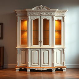 A classic white and wooden cabinet, designed in a realistic style with intricate details, showcasing elegant carvings and a rich texture