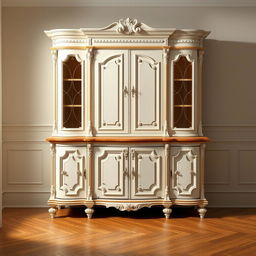 A classic white and wooden cabinet, designed in a realistic style with intricate details, showcasing elegant carvings and a rich texture