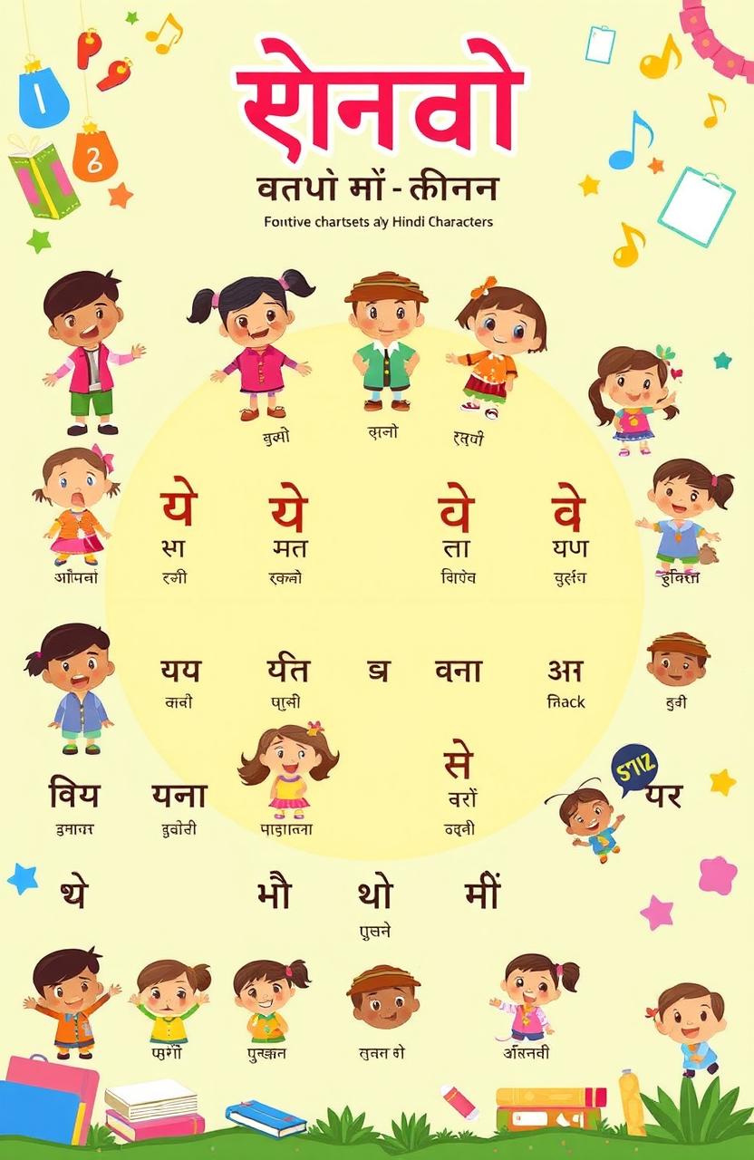 A colorful and engaging illustration of a Hindi vowel chart, depicting each vowel character of the Hindi स्वर-वर्णमाला (svara-varnamala) with vibrant and playful designs