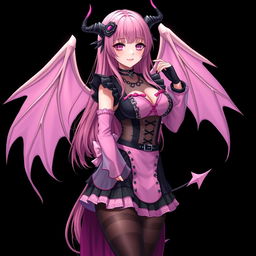 A realistic and sexy dominant gothic anime succubus girl with striking wings, thin horns, and a playful tail, showcasing a flustered subtle smile with a gentle blush