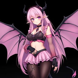 A realistic and sexy dominant gothic anime succubus girl with striking wings, thin horns, and a playful tail, showcasing a flustered subtle smile with a gentle blush