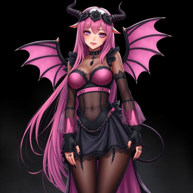 A realistic and sexy dominant gothic anime succubus girl with striking wings, thin horns, and a playful tail, showcasing a flustered subtle smile with a gentle blush