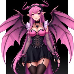 A realistic and sexy dominant gothic anime succubus girl with striking wings, thin horns, and a playful tail, showcasing a flustered subtle smile with a gentle blush