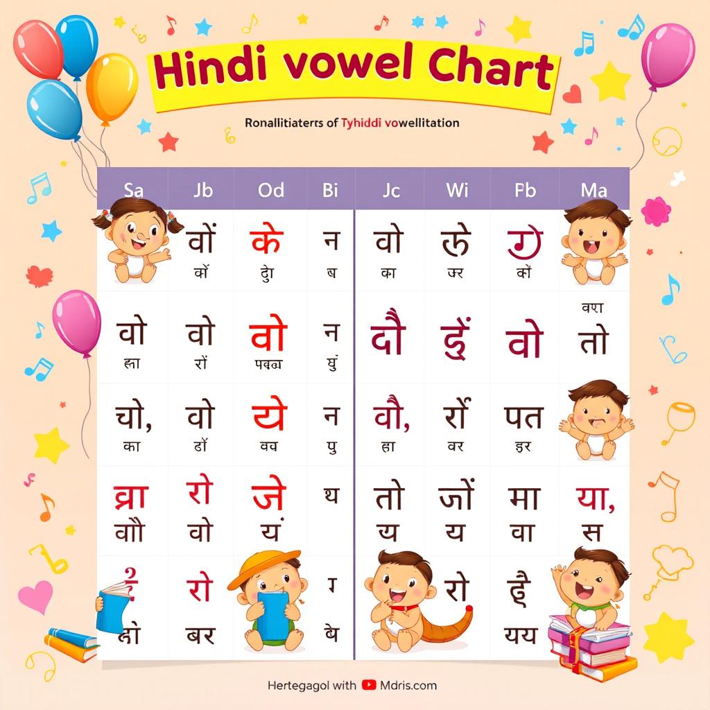 A vibrant and fun illustration of the Hindi vowel chart (स्वर-वर्णमाला), featuring each of the vowel characters in a playful and child-friendly manner