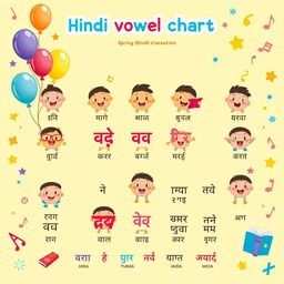 A vibrant and fun illustration of the Hindi vowel chart (स्वर-वर्णमाला), featuring each of the vowel characters in a playful and child-friendly manner