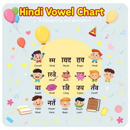 A vibrant and fun illustration of the Hindi vowel chart (स्वर-वर्णमाला), featuring each of the vowel characters in a playful and child-friendly manner