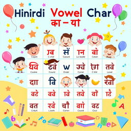 A vibrant and fun illustration of the Hindi vowel chart (स्वर-वर्णमाला), featuring each of the vowel characters in a playful and child-friendly manner