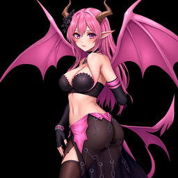 A realistic and sexy dominant gothic anime succubus girl featuring stunning wings, thin horns, and a playful tail