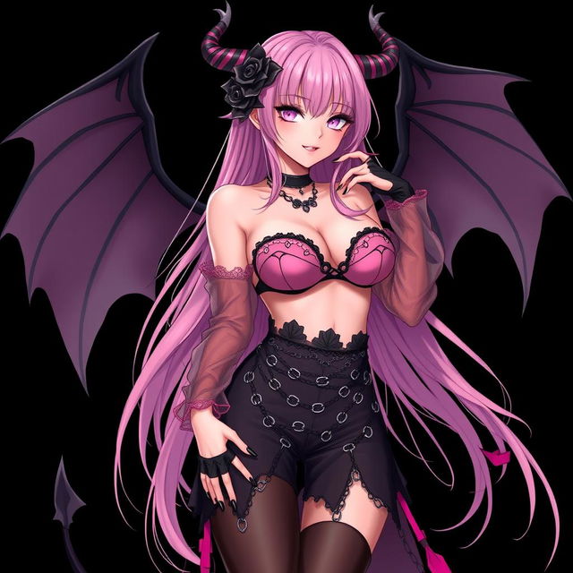 A realistic and sexy dominant gothic anime succubus girl featuring stunning wings, thin horns, and a playful tail