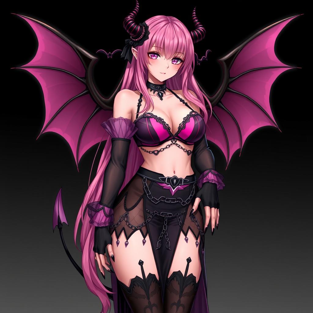 A realistic and sexy dominant gothic anime succubus girl featuring stunning wings, thin horns, and a playful tail