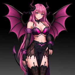 A realistic and sexy dominant gothic anime succubus girl featuring stunning wings, thin horns, and a playful tail