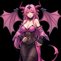 A realistic and sexy dominant gothic anime succubus girl featuring stunning wings, thin horns, and a playful tail