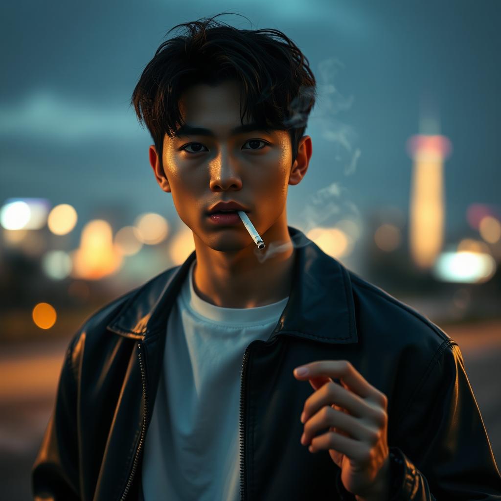 A stylized portrait of a young man with dark hair, resembling a K-pop star, casually smoking a cigarette