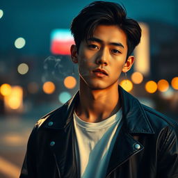 A stylized portrait of a young man with dark hair, resembling a K-pop star, casually smoking a cigarette