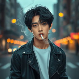 A stylized portrait of a young man with dark hair, resembling a K-pop star, casually smoking a cigarette