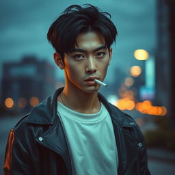 A stylized portrait of a young man with dark hair, resembling a K-pop star, casually smoking a cigarette