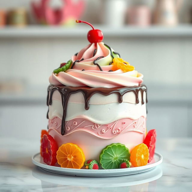 A beautifully styled cake designed to resemble ice cream, with layers of colorful and decorative lavashak (Iranian fruit leather) around it