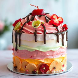 A beautifully styled cake designed to resemble ice cream, with layers of colorful and decorative lavashak (Iranian fruit leather) around it