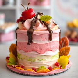 A beautifully styled cake designed to resemble ice cream, with layers of colorful and decorative lavashak (Iranian fruit leather) around it