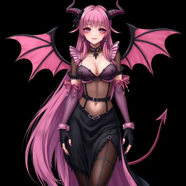 A realistic and sexy submissive gothic anime succubus girl with enchanting wings, thin horns, and a playful tail