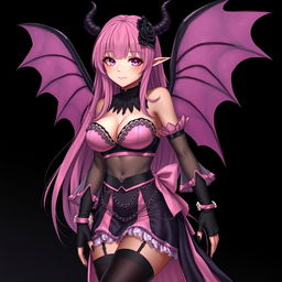 A realistic and sexy submissive gothic anime succubus girl with enchanting wings, thin horns, and a playful tail