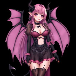 A realistic and sexy submissive gothic anime succubus girl with enchanting wings, thin horns, and a playful tail