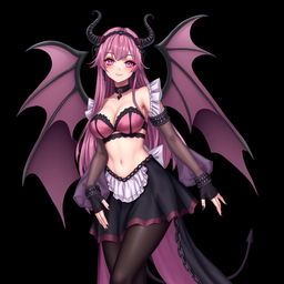 A realistic and sexy submissive gothic anime succubus girl with enchanting wings, thin horns, and a playful tail