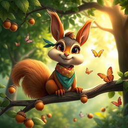 An imaginative depiction of a captivating, stylized squirrel character, known as 'Chica Nut', who is anthropomorphized with vibrant colors and a cheerful expression