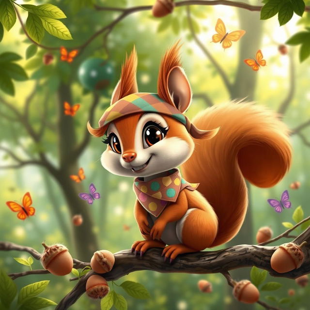 An imaginative depiction of a captivating, stylized squirrel character, known as 'Chica Nut', who is anthropomorphized with vibrant colors and a cheerful expression