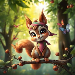 An imaginative depiction of a captivating, stylized squirrel character, known as 'Chica Nut', who is anthropomorphized with vibrant colors and a cheerful expression