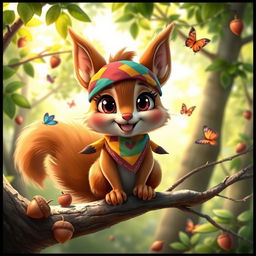 An imaginative depiction of a captivating, stylized squirrel character, known as 'Chica Nut', who is anthropomorphized with vibrant colors and a cheerful expression