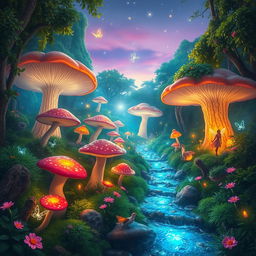 A vibrant, mystical forest illuminated by ethereal lights, filled with gigantic mushrooms and lush greenery