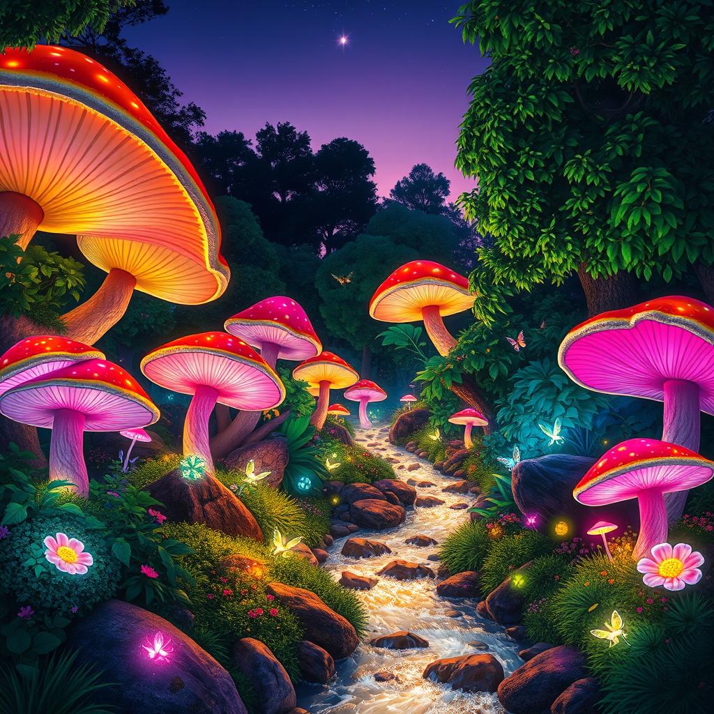 A vibrant, mystical forest illuminated by ethereal lights, filled with gigantic mushrooms and lush greenery