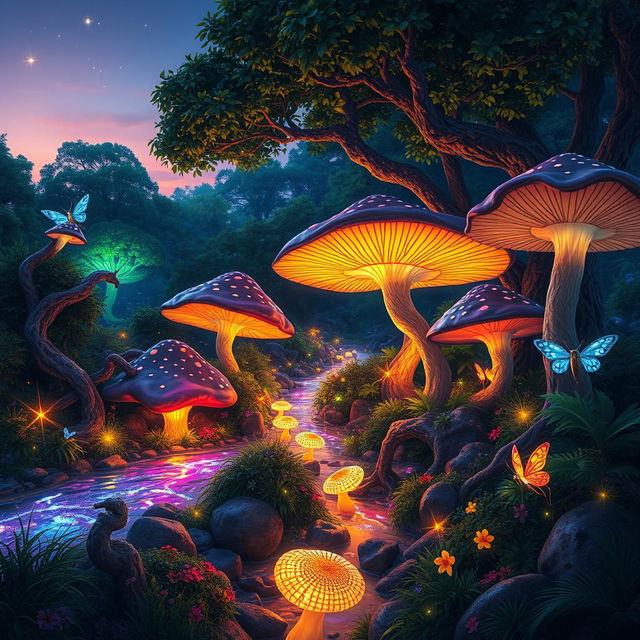 A vibrant, mystical forest illuminated by ethereal lights, filled with gigantic mushrooms and lush greenery