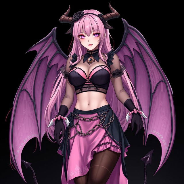 A realistic and sexy submissive gothic anime succubus girl featuring enchanting wings, thin horns, and a playful tail