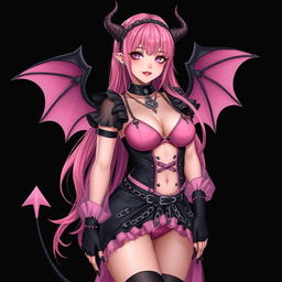 A realistic and sexy submissive gothic anime succubus girl featuring enchanting wings, thin horns, and a playful tail