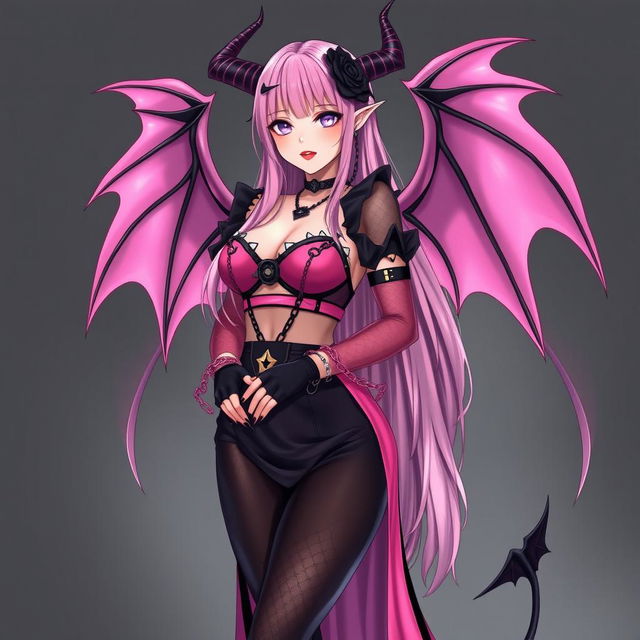 A realistic and sexy submissive gothic anime succubus girl showcasing enchanting wings, thin horns, and a playful tail