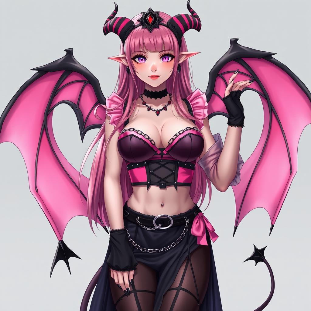 A realistic and sexy submissive gothic anime succubus girl showcasing enchanting wings, thin horns, and a playful tail