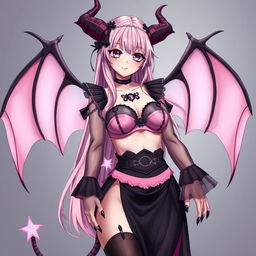 A realistic and sexy submissive gothic anime succubus girl showcasing enchanting wings, thin horns, and a playful tail