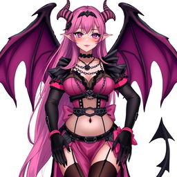 A realistic and sexy submissive gothic anime succubus girl showcasing enchanting wings, thin horns, and a playful tail